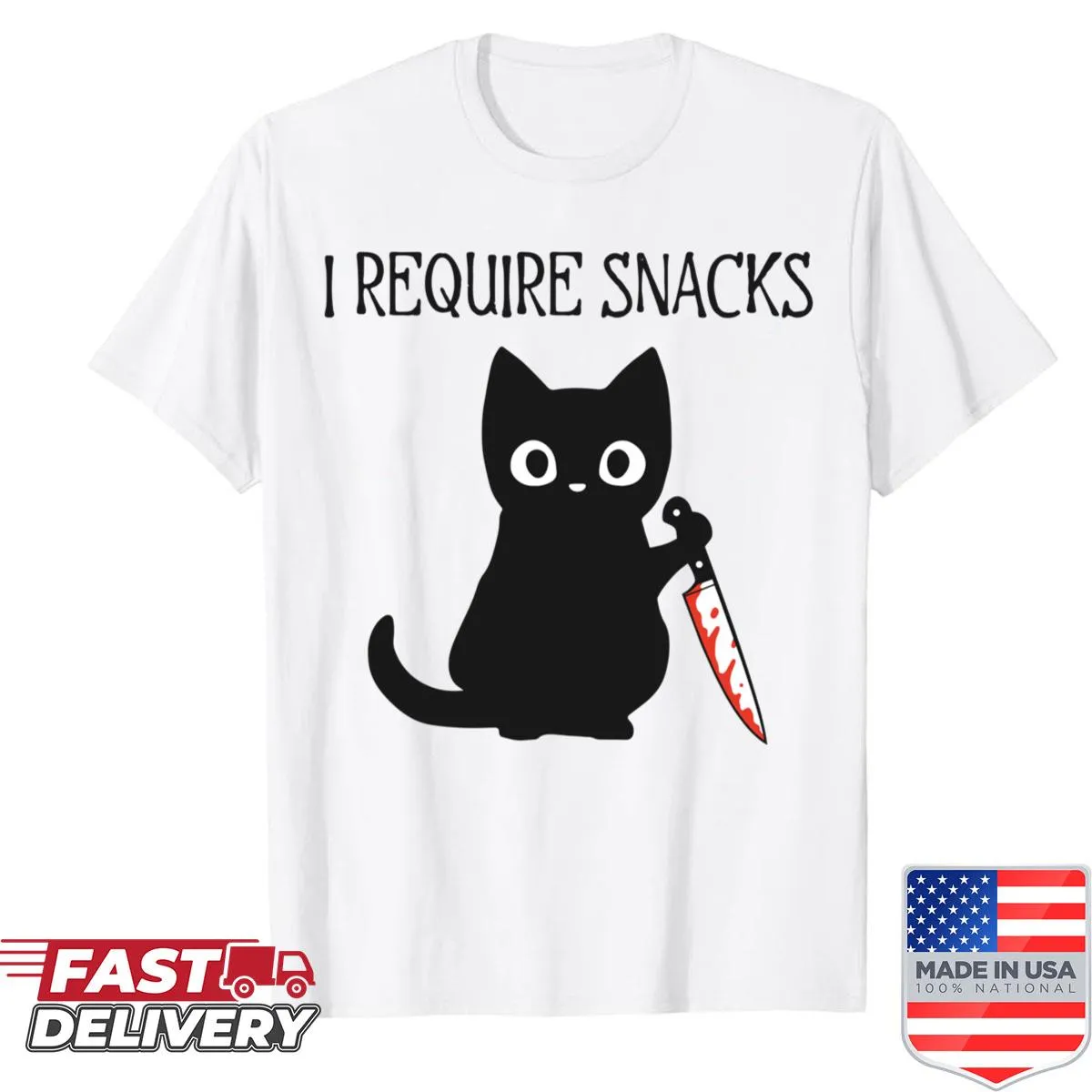 Funny T-shirt with a raccoon and the text 'I Require Snacks'