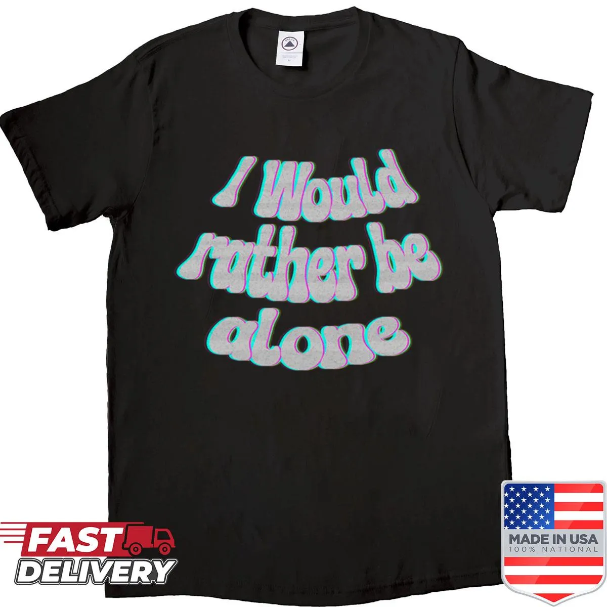 Boxy shirt with vintage typography stating 'I Would Rather Be Alone' in pastel colors