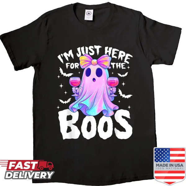 Cute ghost graphic with text 'I'm Just Here For The Boos' on a women's shirt.