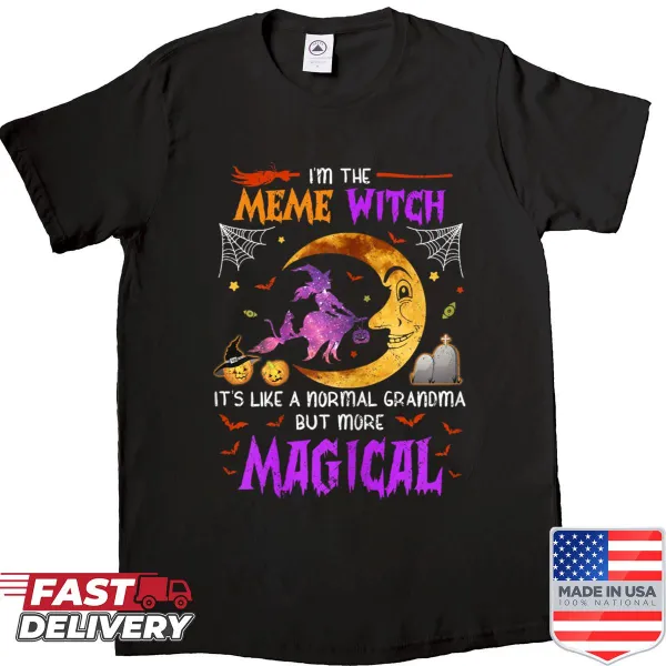 Halloween shirt featuring a meme witch illustration and magical design