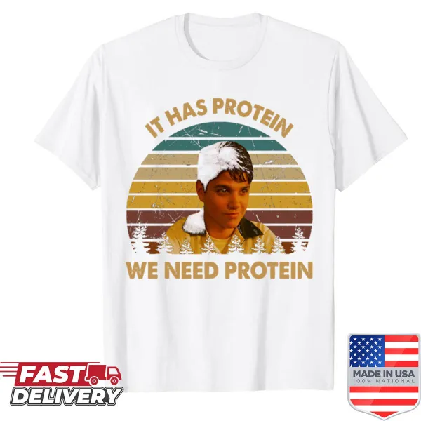 Vintage style shirt with a humorous fitness message about protein