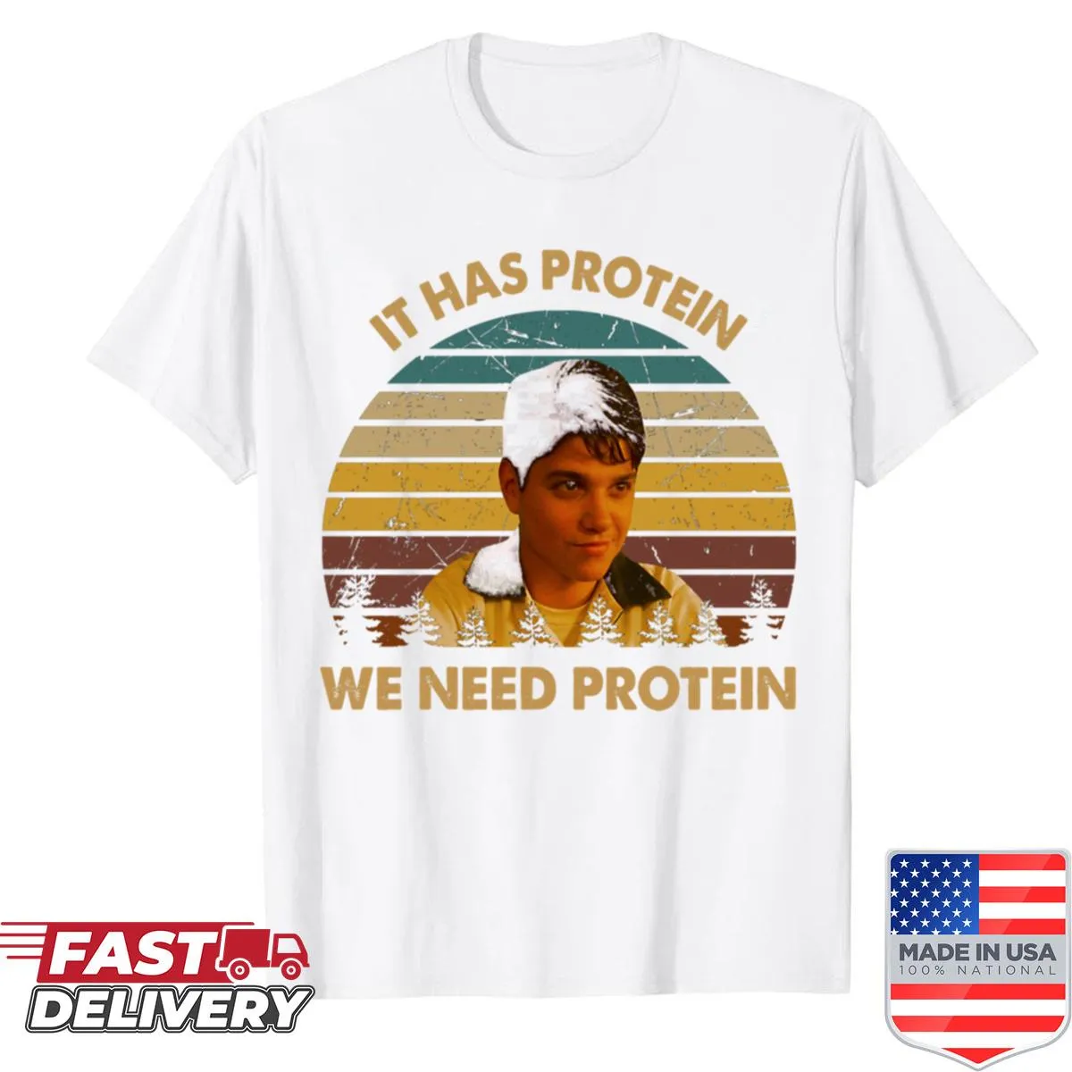 Vintage style shirt with a humorous fitness message about protein