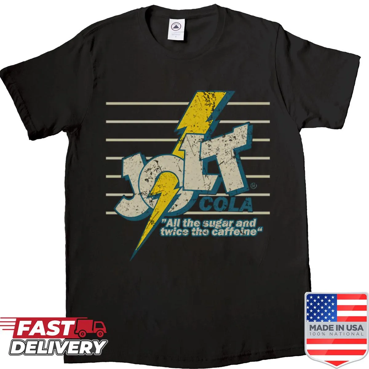 Vintage-style shirt featuring Jolt Cola branding from 1985.