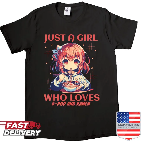 T-shirt featuring text about loving anime, ramen, and K-pop