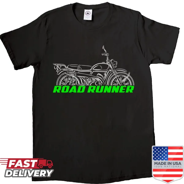 Vintage-style motorcycle shirt featuring the Kawasaki C2tr 120 Road Runner.