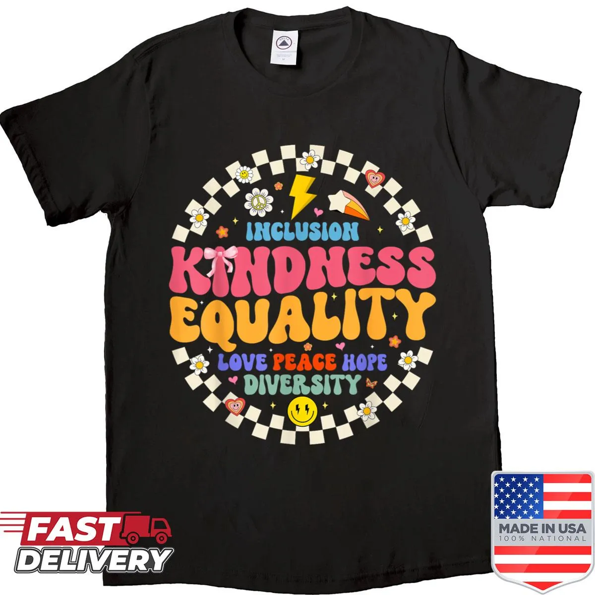 Inspirational shirt promoting kindness, peace, and diversity