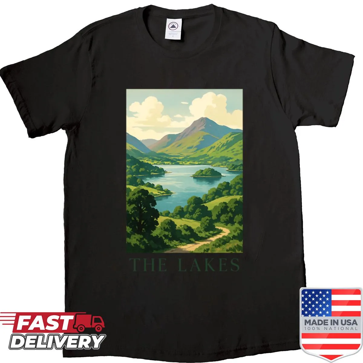 Vintage travel style illustration t-shirt featuring Lake District scenery