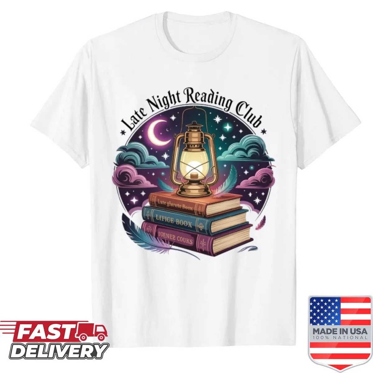 Illustrated shirt for book lovers featuring lantern, moon, and stars