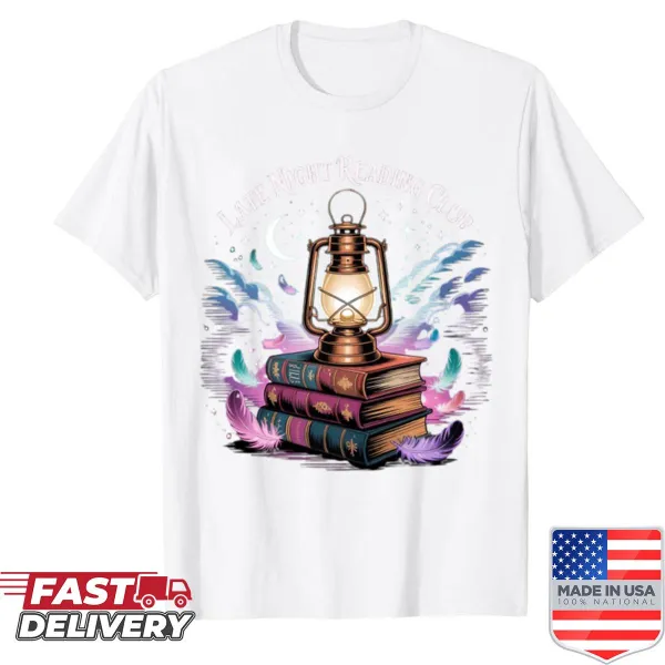 Cozy book lover shirt with lantern and reading scene illustration