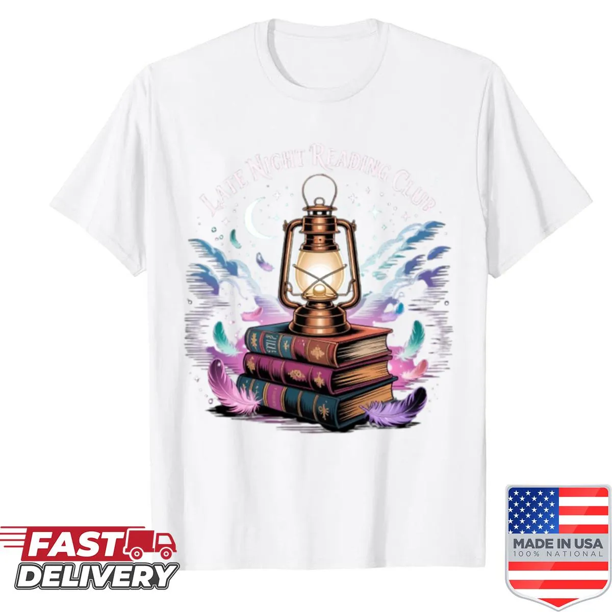 Cozy book lover shirt with lantern and reading scene illustration