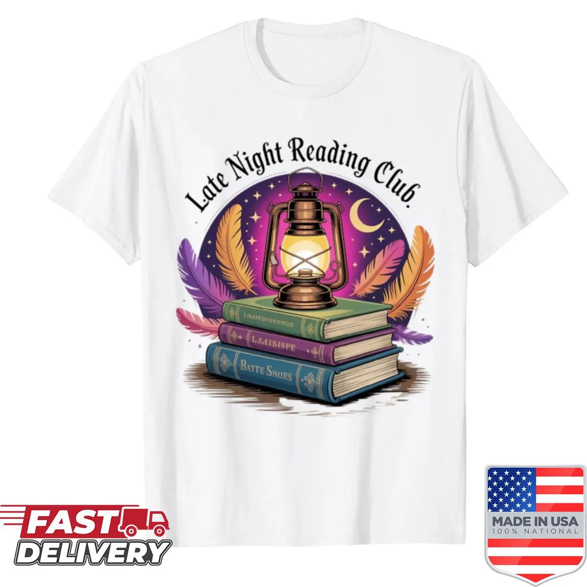 Cozy reading club shirt with lantern and feather design for book lovers