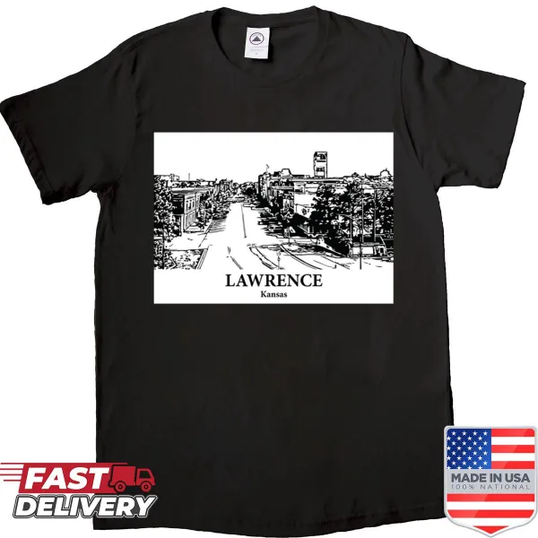 T-shirt featuring the word Lawrence, representing the city of Kansas