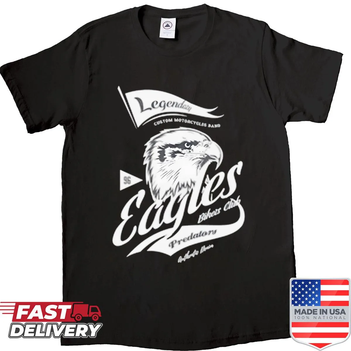 Eagle soaring above a motorcycle in custom art style on t-shirt