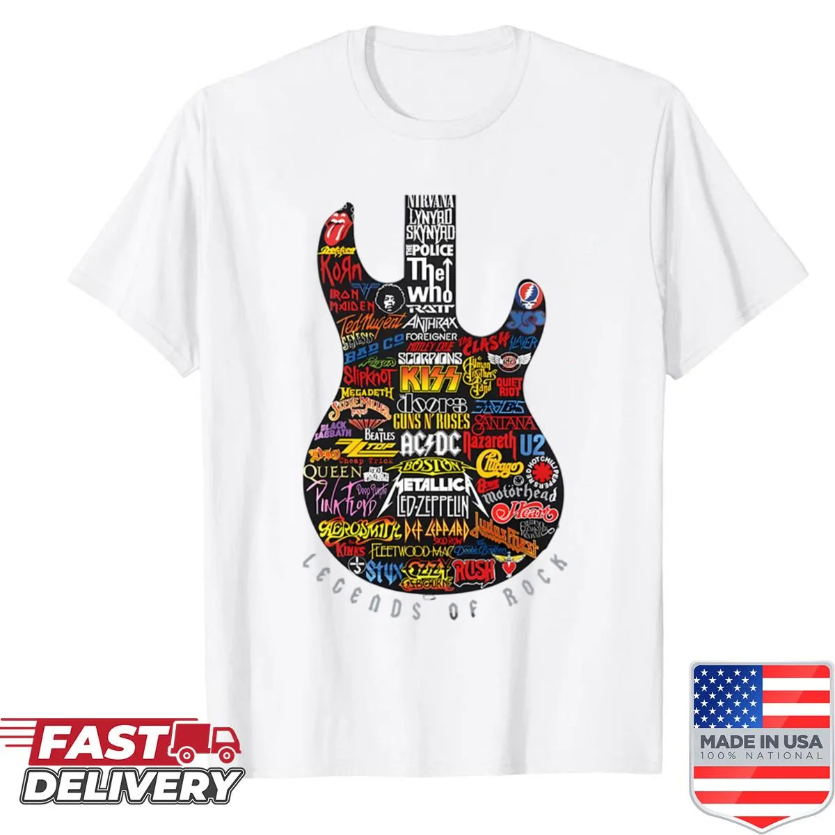 Vintage-style t-shirt celebrating legends of rock music