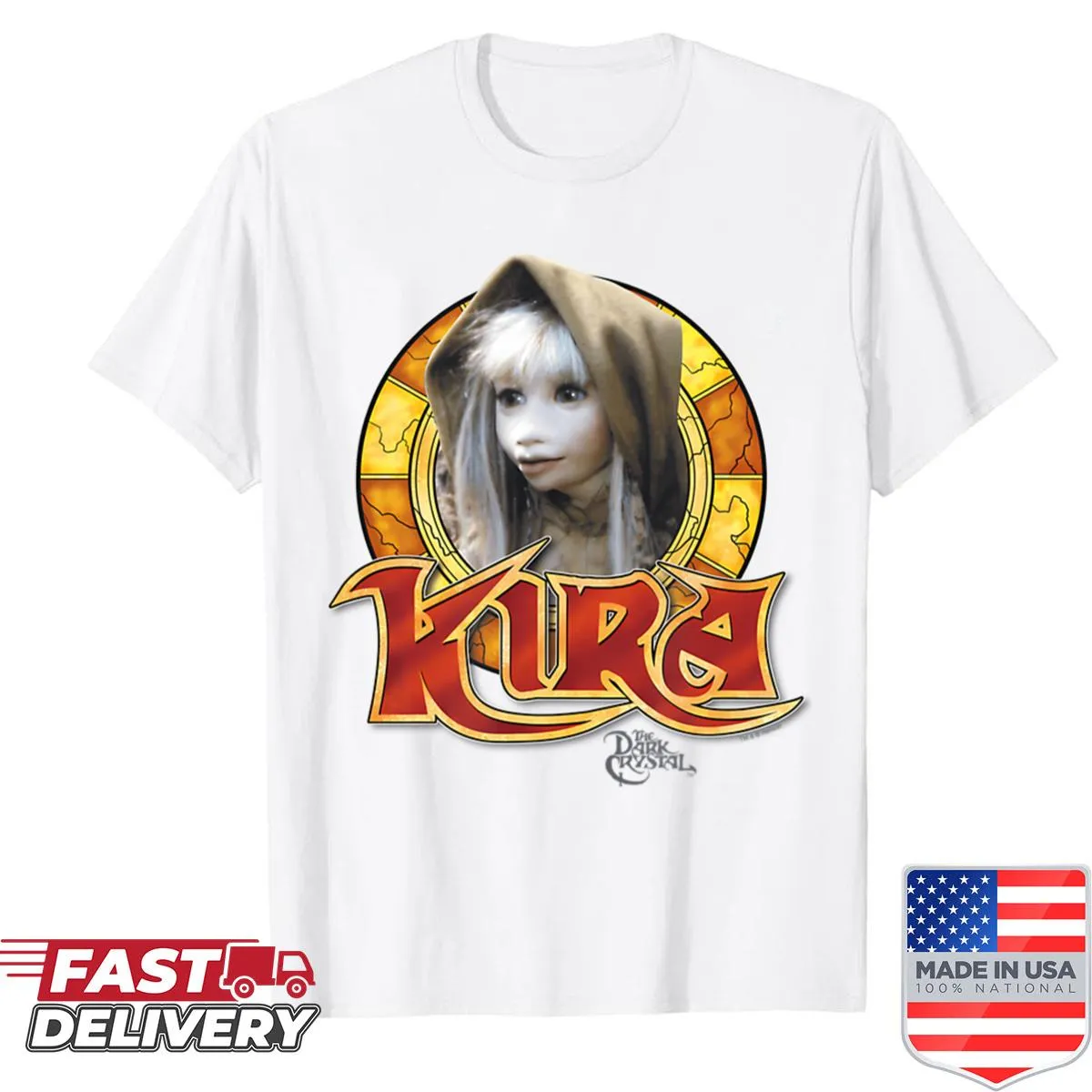 Emblematic logo for fantasy films on a dark t-shirt