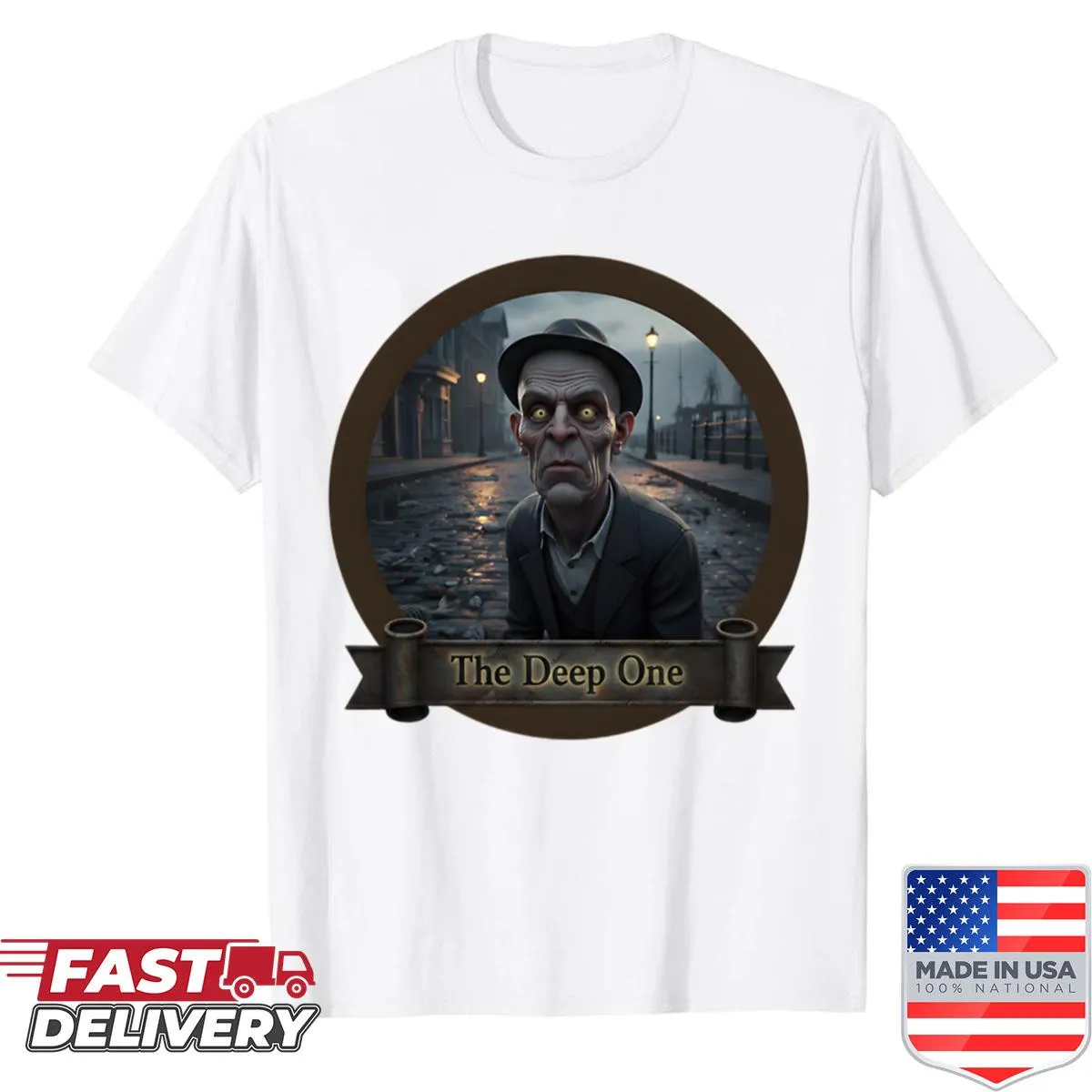 Illustration shirt featuring Lovecraftian Deep One creature