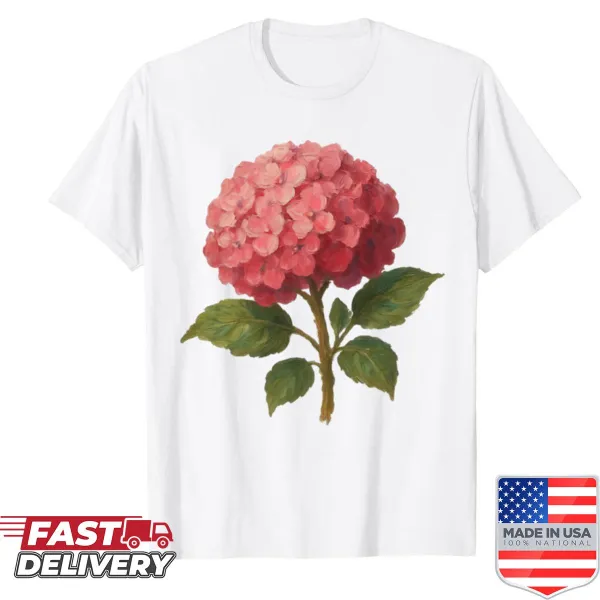 Painterly styled shirt featuring lush pink hydrangeas