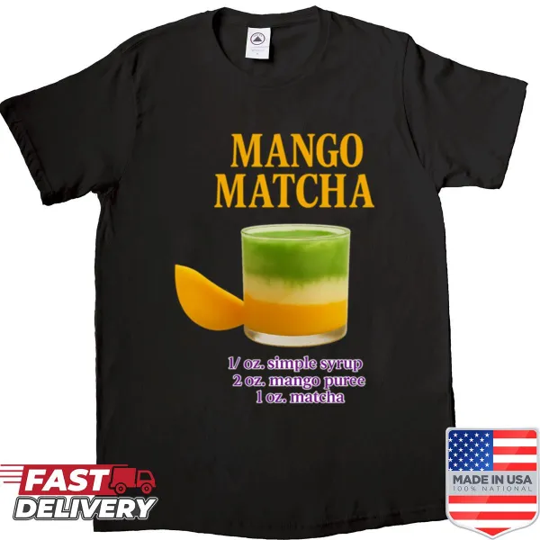 Vintage-style shirt featuring a mango matcha latte recipe graphic