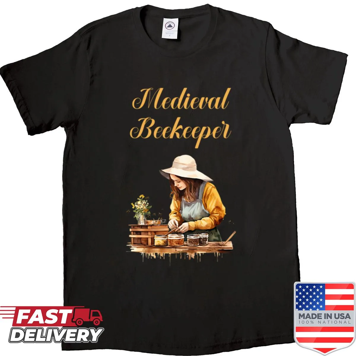 Vintage-style women's shirt featuring a beekeeper and cottagecore elements