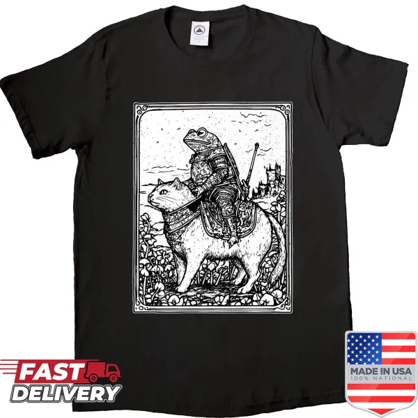 Funny shirt featuring a frog riding a cat and a goblin