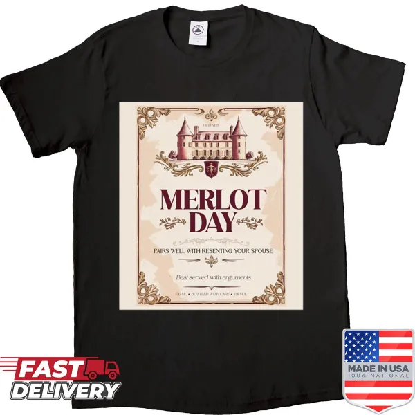 Parody wine label design on a humorous shirt celebrating Merlot Day