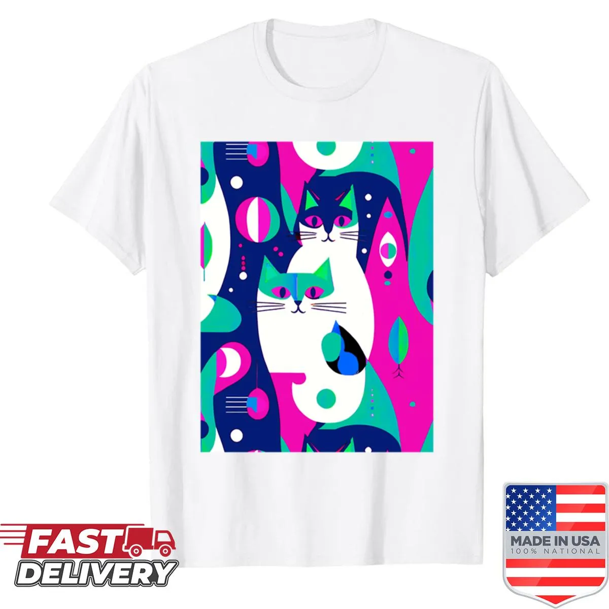 Mid-century modern shirt featuring illustrated cats on a geometric background