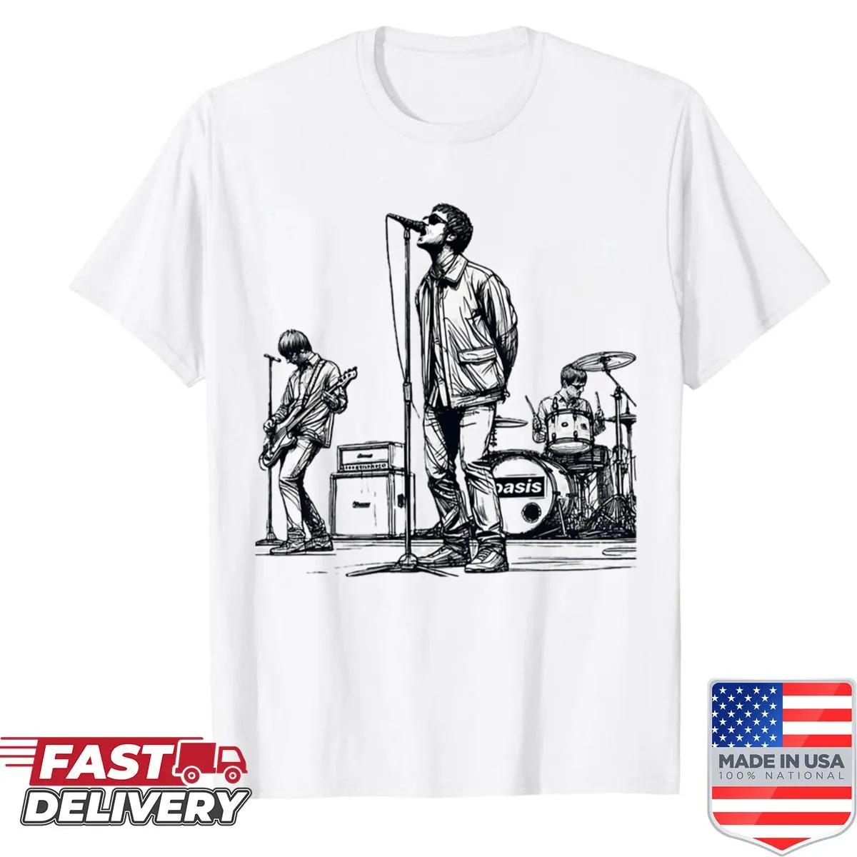 Minimalist line art design of Oasis performing on a shirt