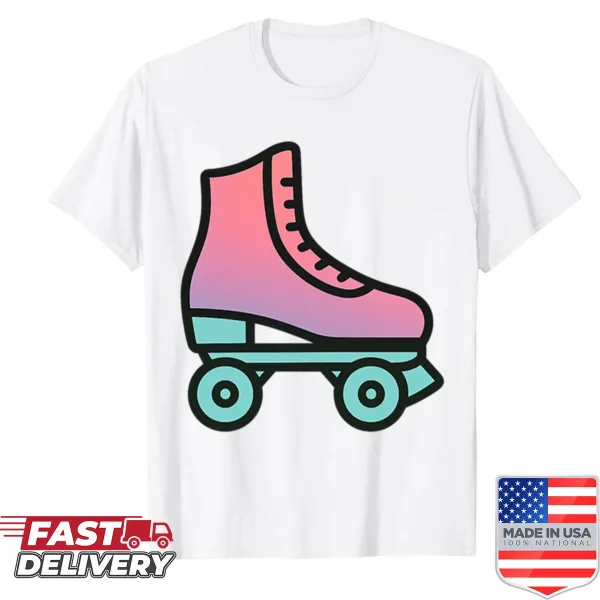 Minimalist retro roller skate logo on a casual shirt