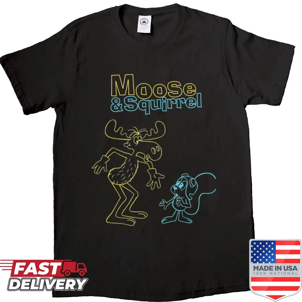 Cartoon moose and squirrel retro shirt design