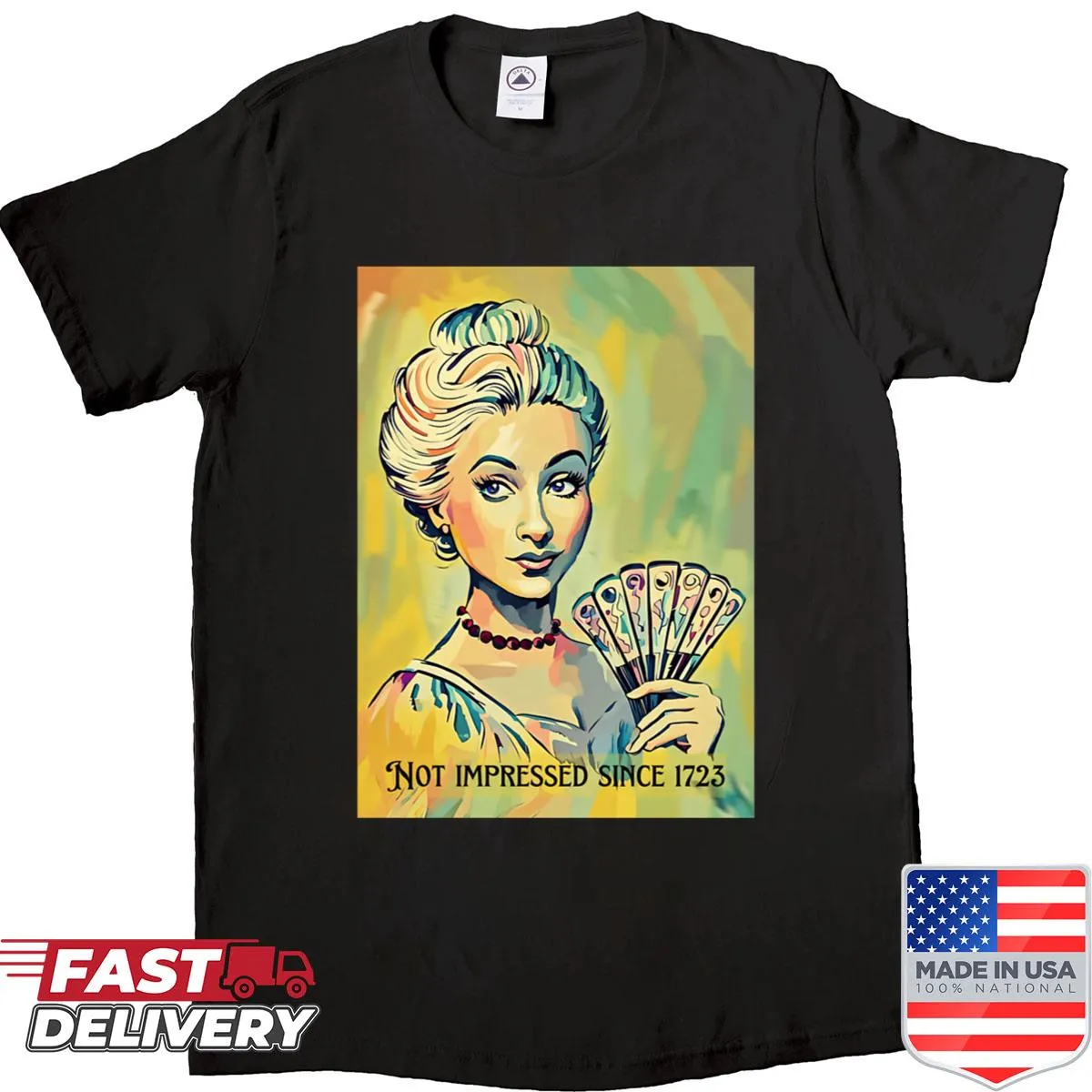 Vintage-style shirt with a sarcastic portrait and text about indifference
