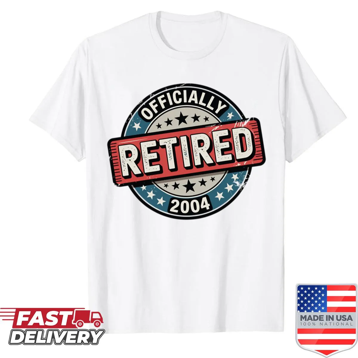 Vintage badge shirt celebrating retirement in 2004.