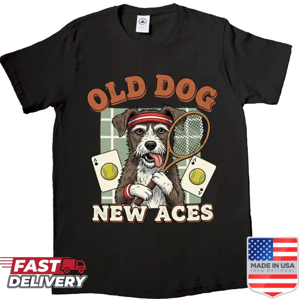 Witty phrase 'Old Dog New Aces' on a playful t-shirt
