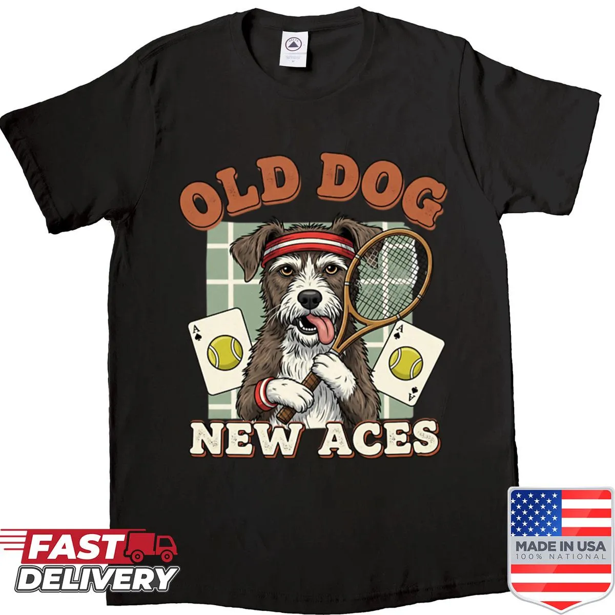 Witty phrase 'Old Dog New Aces' on a playful t-shirt