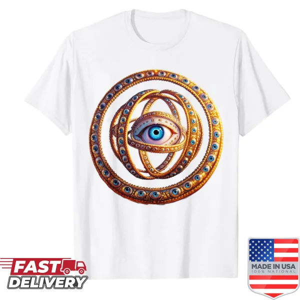 Biblically accurate illustration of an Ophanim angel on a spiritual shirt.