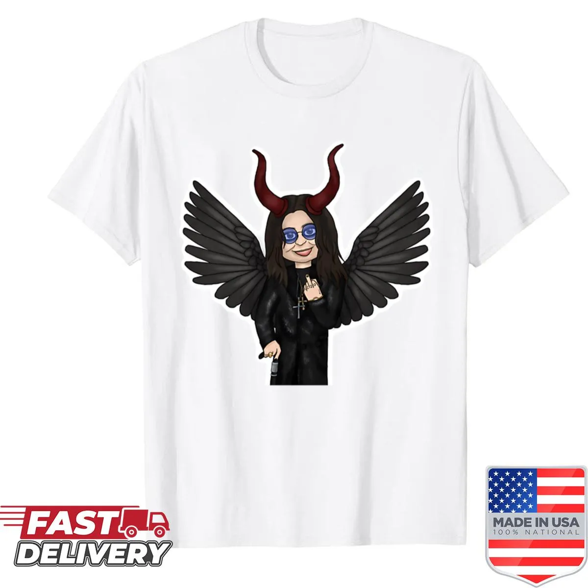 Illustrative shirt featuring Ozzy Osbourne as a horned dark angel design.