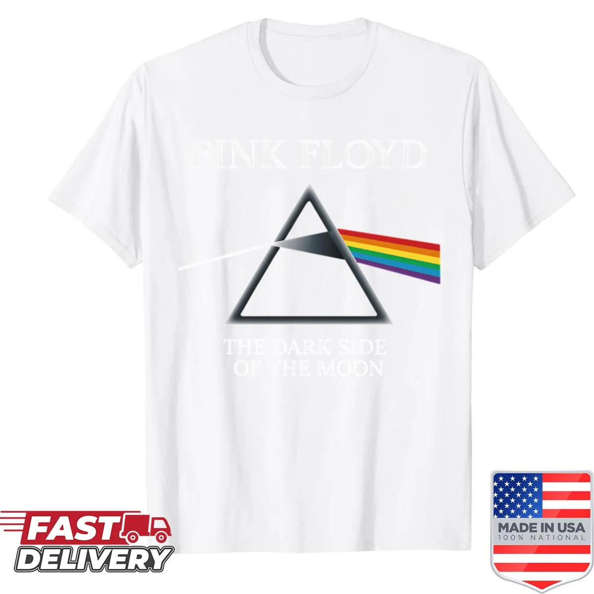 T-shirt featuring iconic imagery from Pink Floyd's 'The Dark Side of the Moon'