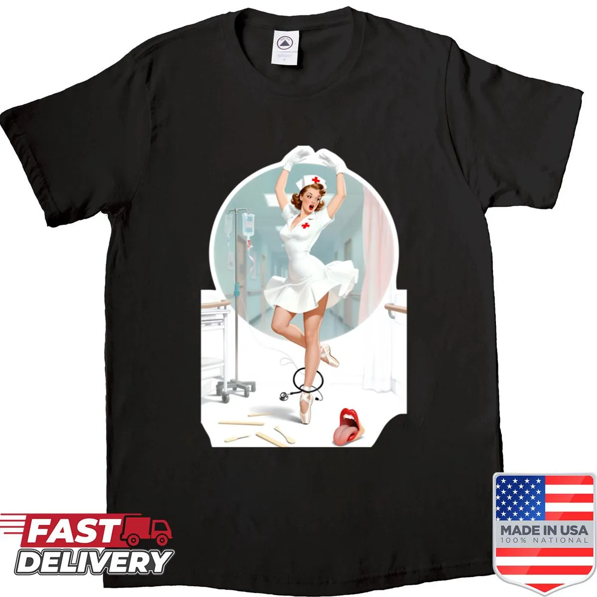 Oversized shirt with humorous pinup nurse and tongue depressor graphic