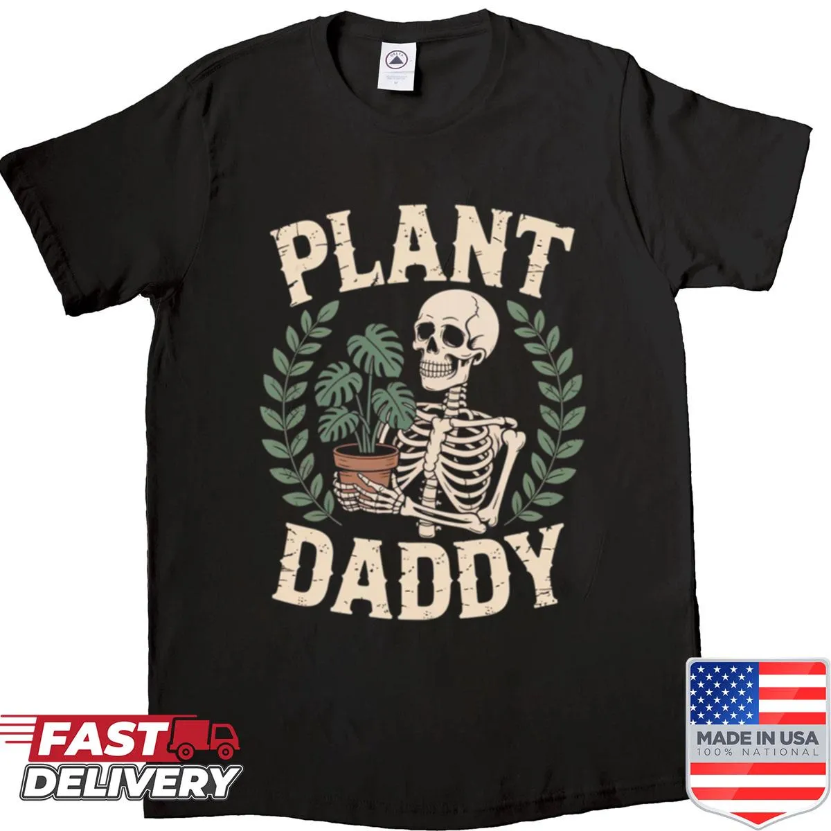 Illustrated Plant Daddy shirt with skeleton and plants