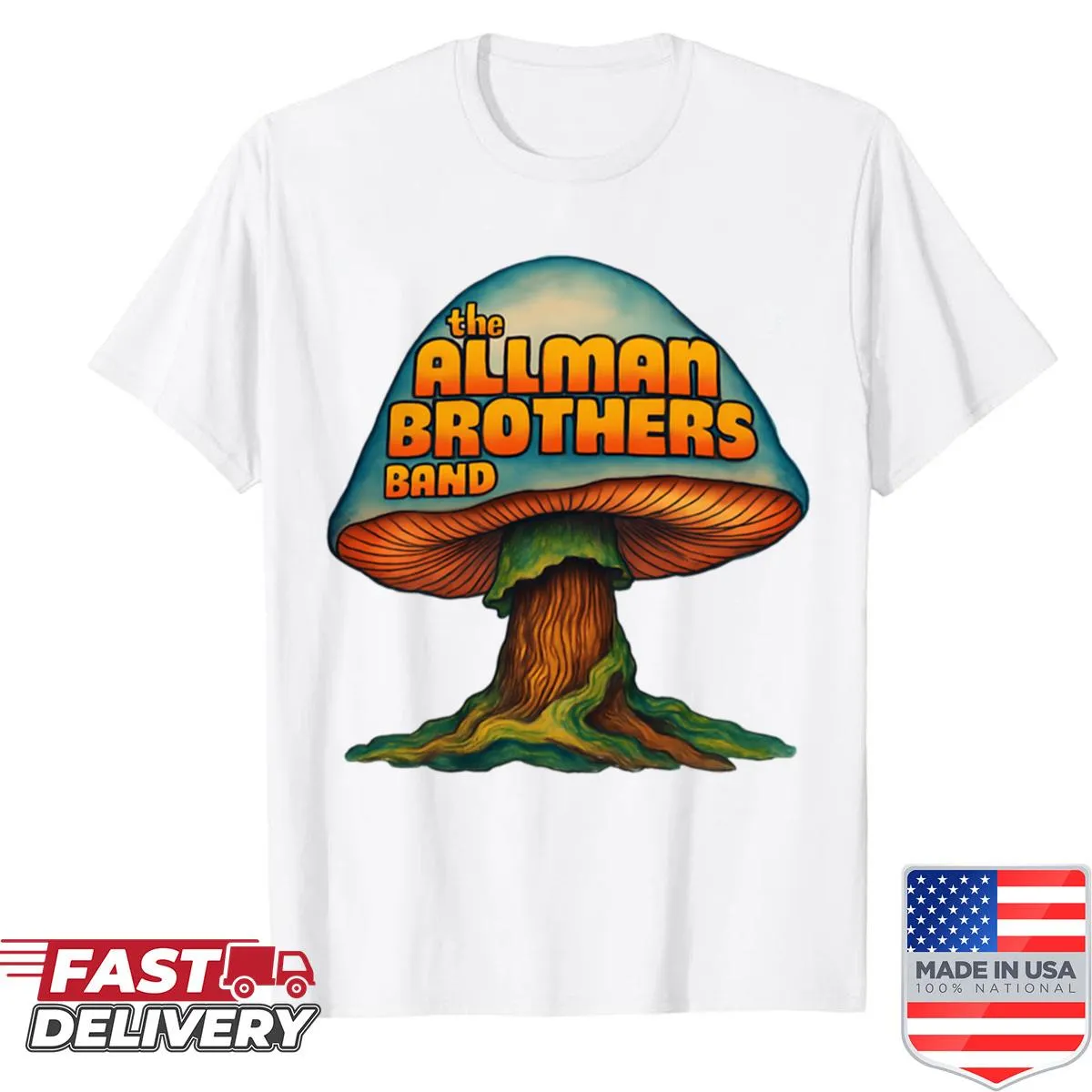 Distressed vintage mushroom graphic referencing Allman Brothers on a T-shirt