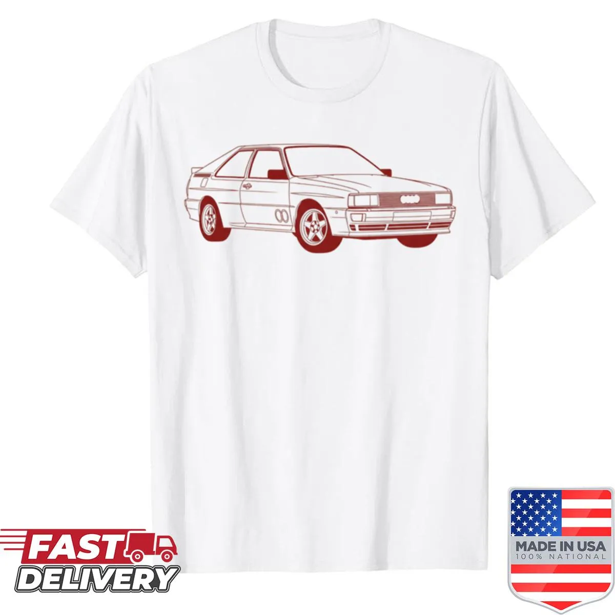 Oversized shirt with a dark red outline silhouette of a rally car