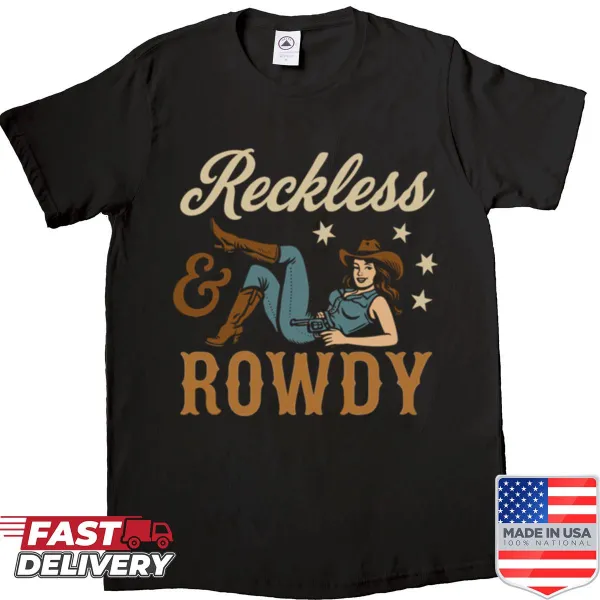 Cowgirl illustration with pistol and tan lettering on a shirt