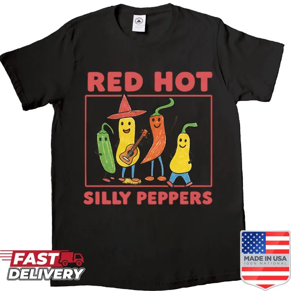 Cartoonish red silly peppers t-shirt with funny expressions