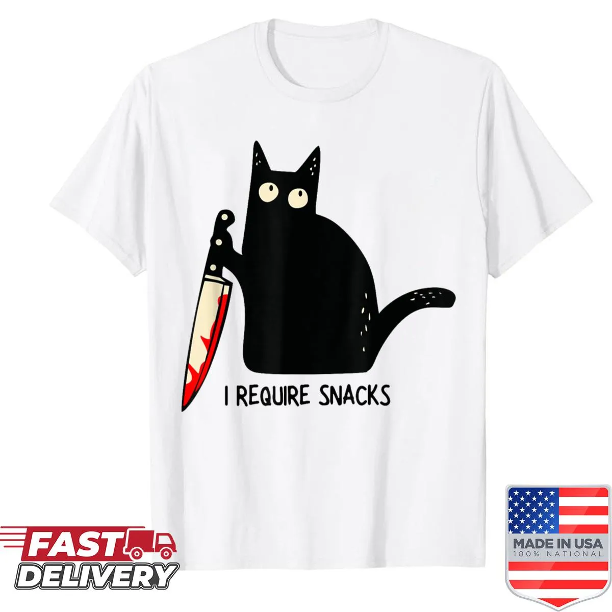 Shirt featuring a black cat illustration with the phrase 'Require Snacks'