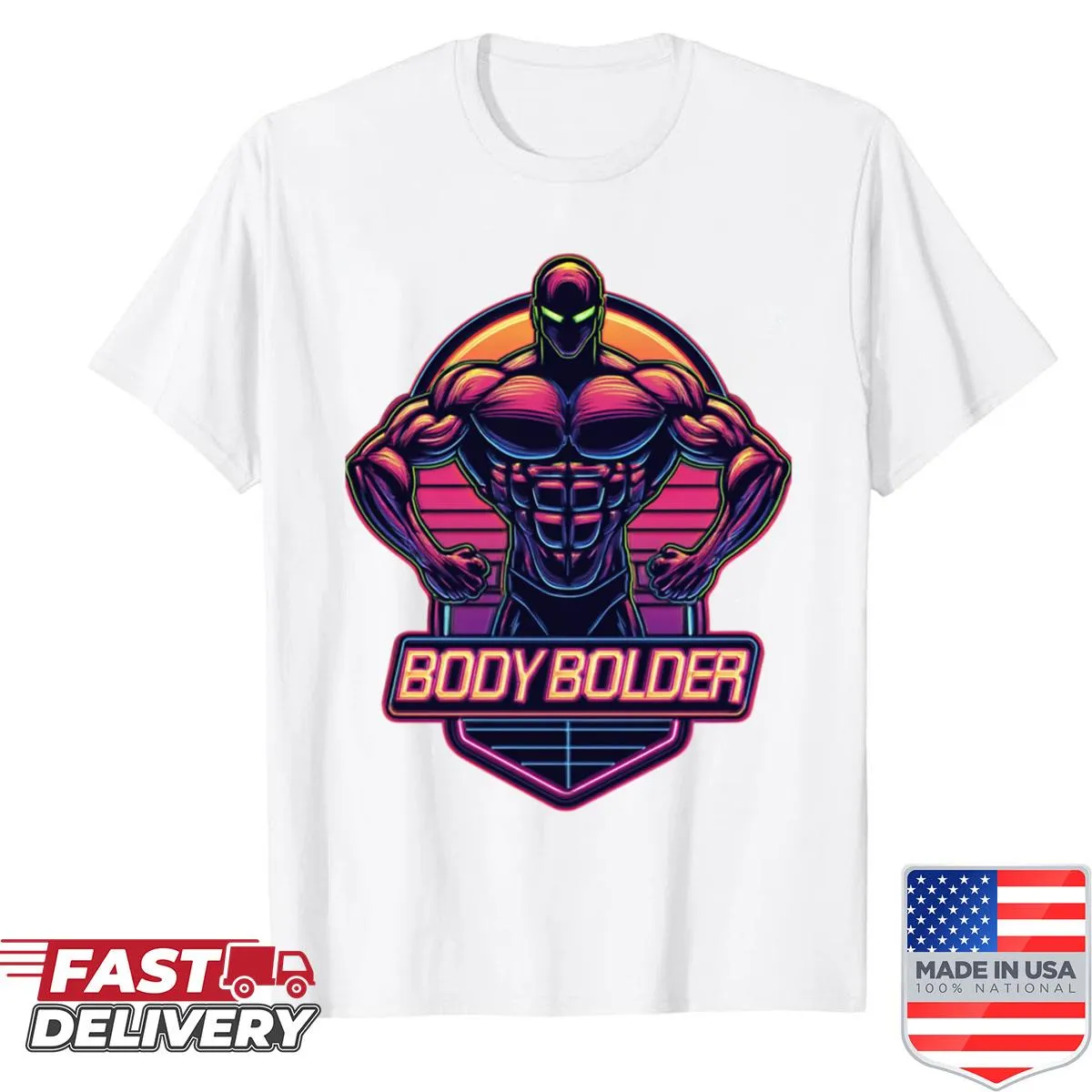 Retro shirt featuring a bodybuilder design with synthwave art style.