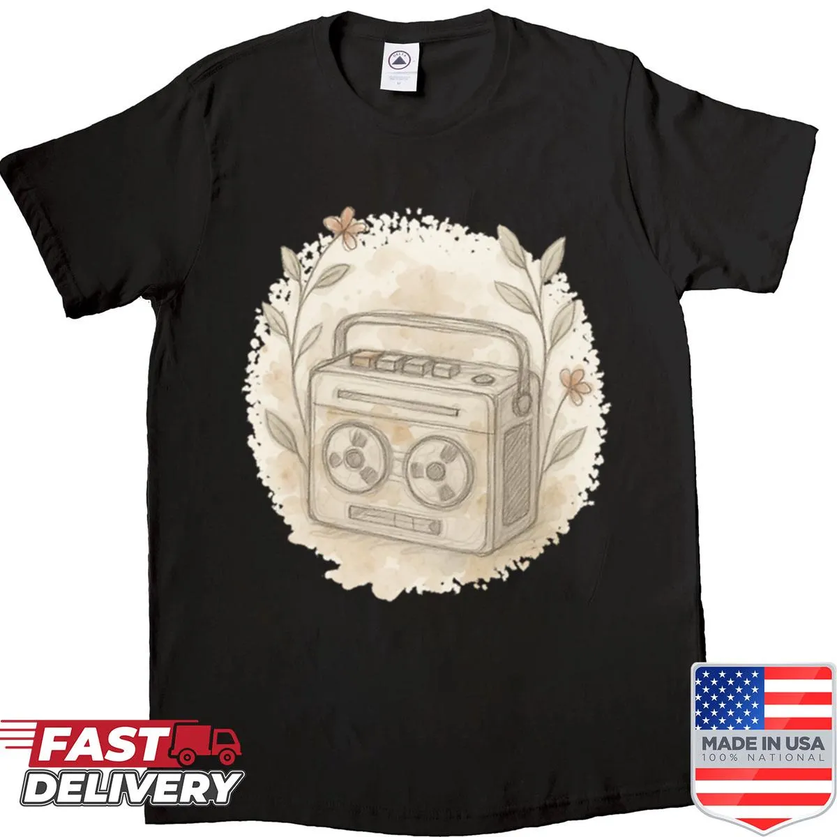 Botanical illustration of a tape recorder on a shirt