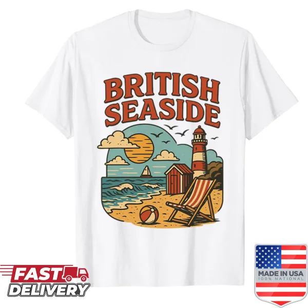 Illustration of a lighthouse and beach on a retro oversized shirt