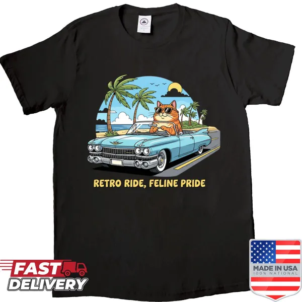 Vintage graphic tee featuring a cat in a convertible for beach vibes