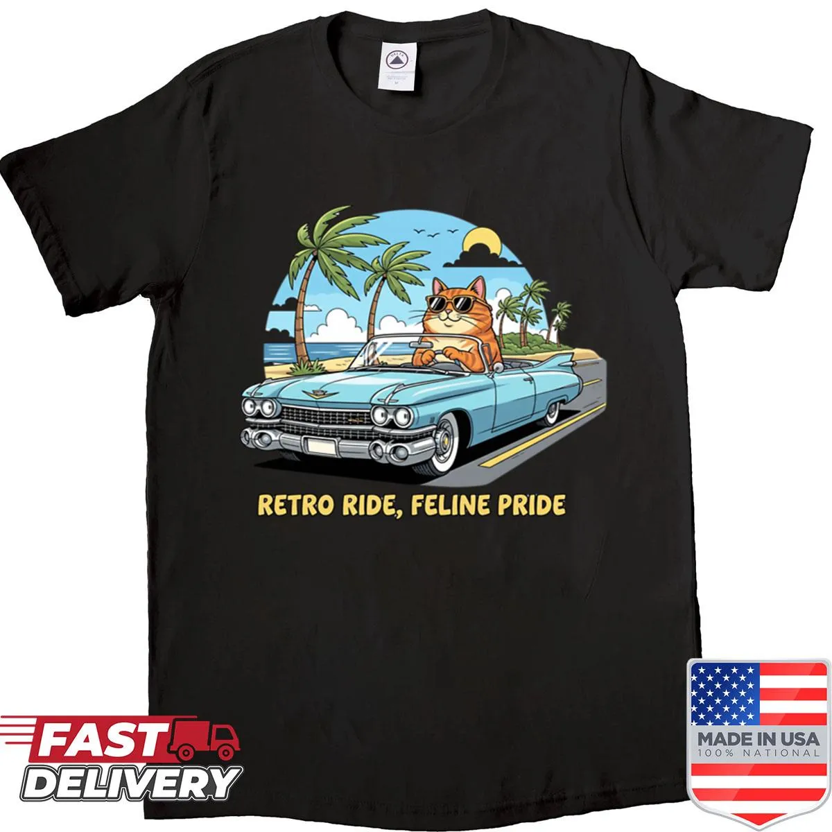Vintage graphic tee featuring a cat in a convertible for beach vibes