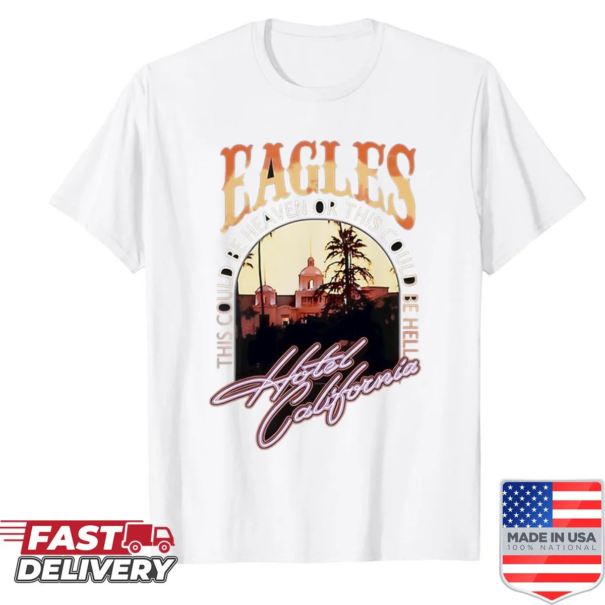 Illustrative shirt featuring a sunset view with palm trees at a desert resort