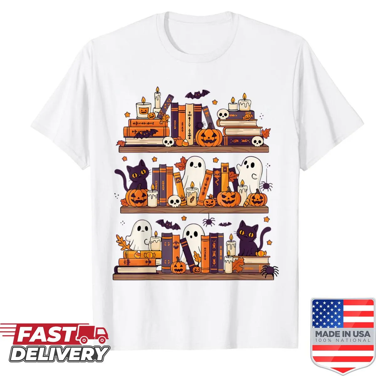 Shirt with friendly ghosts reading books in a spooky library